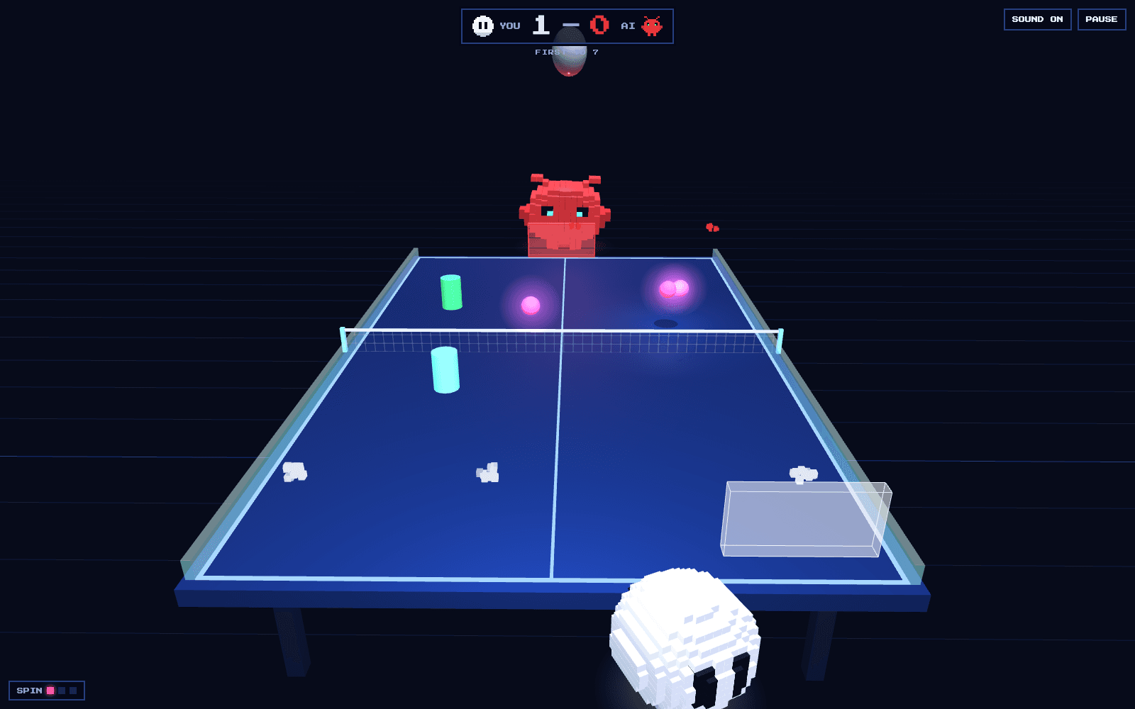 Grok og Clawd spila borðtennis á neon borði með pinnum og þremur boltum á lofti